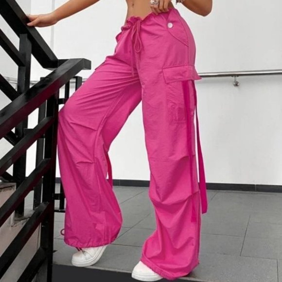 Flap Pocket Drawstring Hem Contemporary cargo Pants Hot pink - Picture 1 of 6